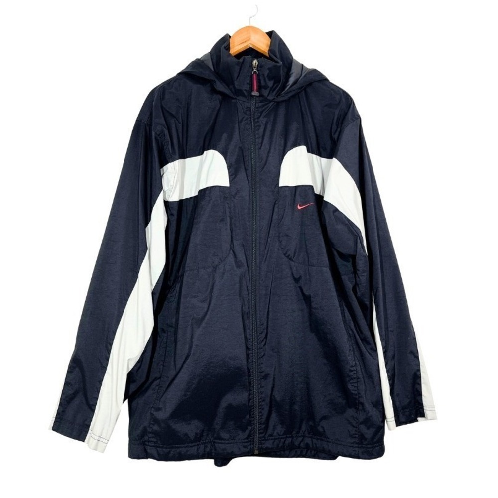 Nike Men's XL Hooded Windbreaker Jacket Navy Blue‎ White 90s Y2K Nylon Full Zip